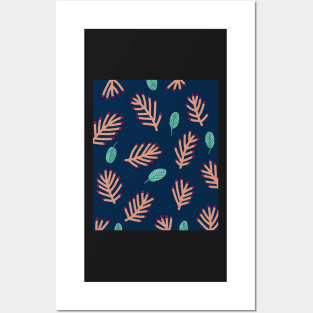 Green leaves and pink branches pattern, botanical illustration Posters and Art